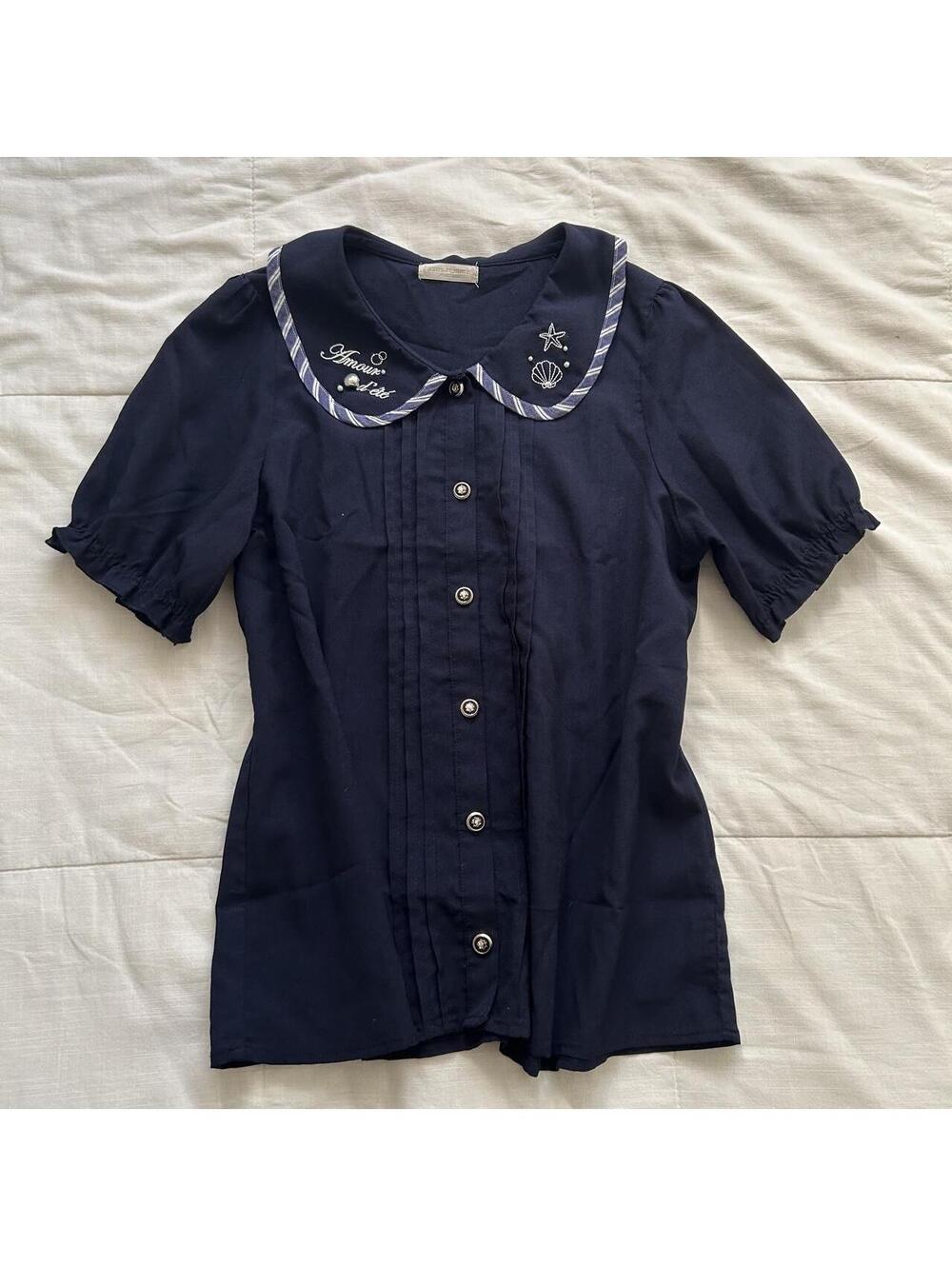 Axes Femme Navy Nautical Embroidered Peter Pan Collar Blouse Medium Japan